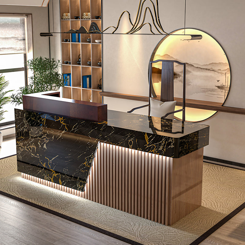 Executive Reception Desk – Black Marble & Fluted Wood with LED Accents