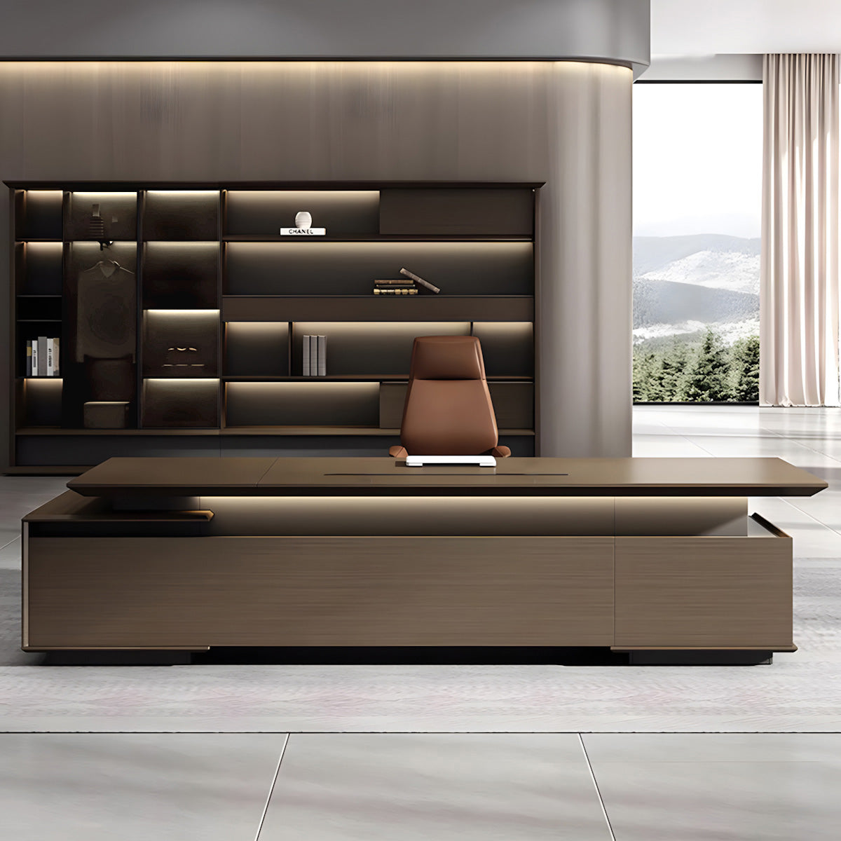 Italian-Style Luxurious Dark Brown L-Shaped Executive Desk with Spacious Desktop Design