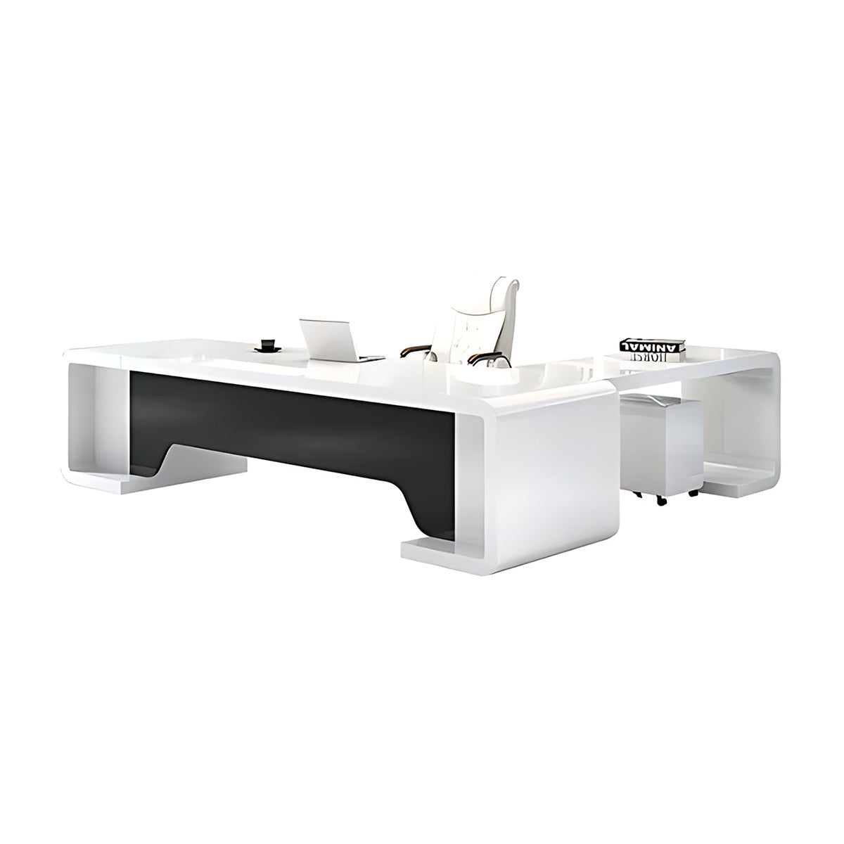 Minimalist Luxury White L-Shaped Executive Desk with Black Privacy Panel