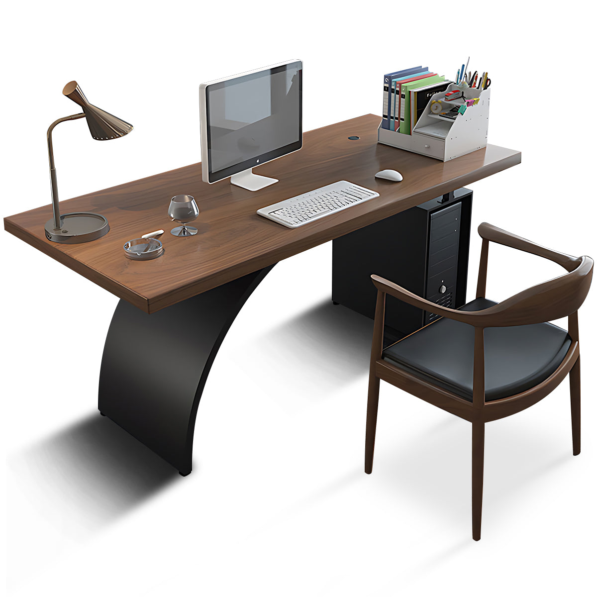 Modern Minimalist Walnut Executive Desk with Metal Base