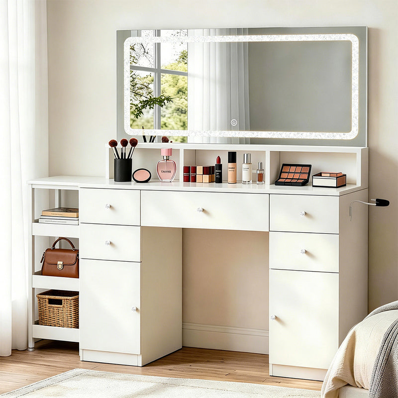 Vanity Desk, main product view, Modern LED Vanity Desk With Lighted Mirror & Storage Drawers finish, for office workspace, executive office furniture