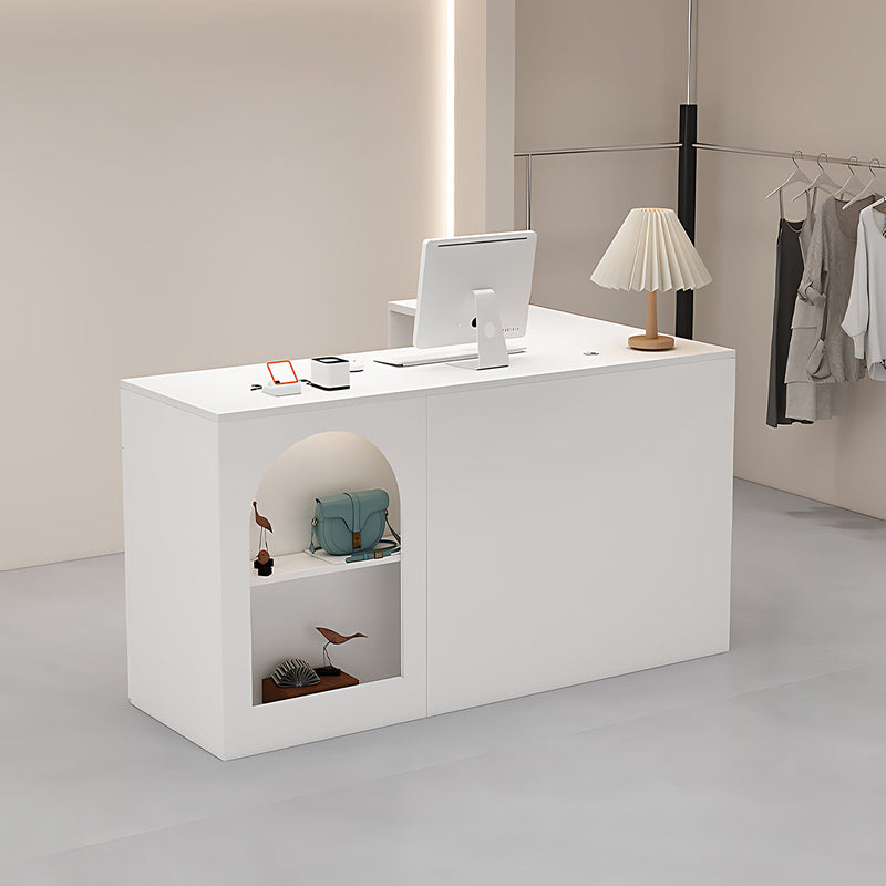 Classic Minimalist L-Shaped Reception Desk with Functional Two-Tier Display Shelves