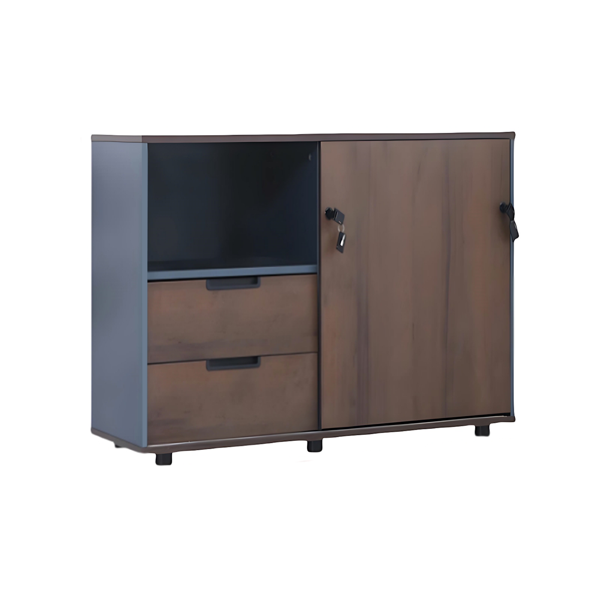 Classic Stylish Walnut and Iron Gray Storage Cabinet with Built-in Handle Drawers and Sliding Doors