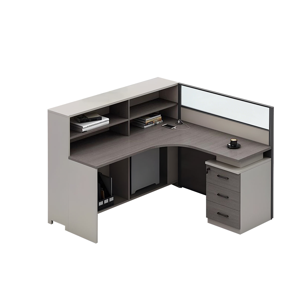 L-Shaped Minimalist Office Desk with Built-In Outlets, Ample Storage Space