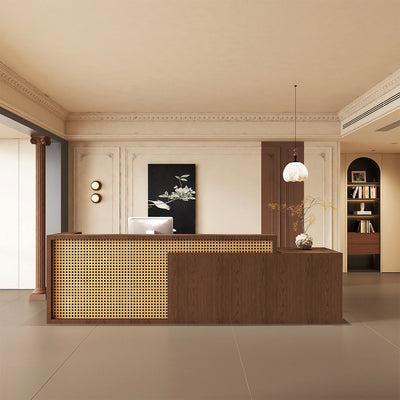 Refined Vintage Reception Desk with Woven Rattan for Office Lobbies