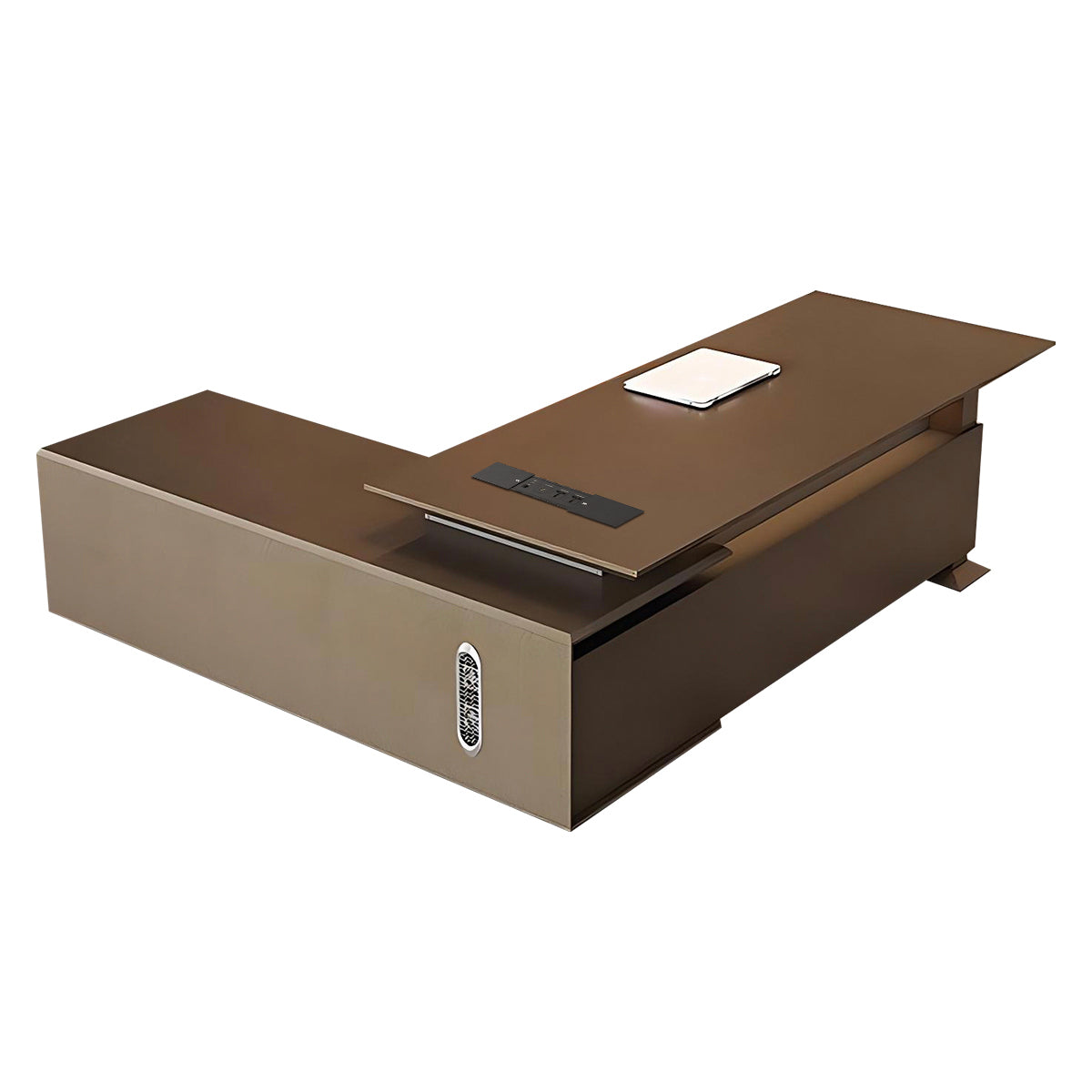 L-Shaped Executive Desk, right side cabinet configuration, Italian-Style Luxurious Dark Brown L-Shaped Executive Desk With Spacious Desktop Design...