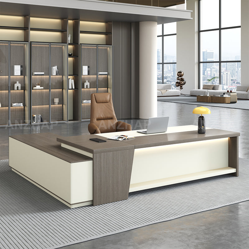 L-Shaped Executive Desk, main product view, Minimalist Modern L-Shaped Executive Desk With Large Side Credenza and LED Lighting finish, for office...