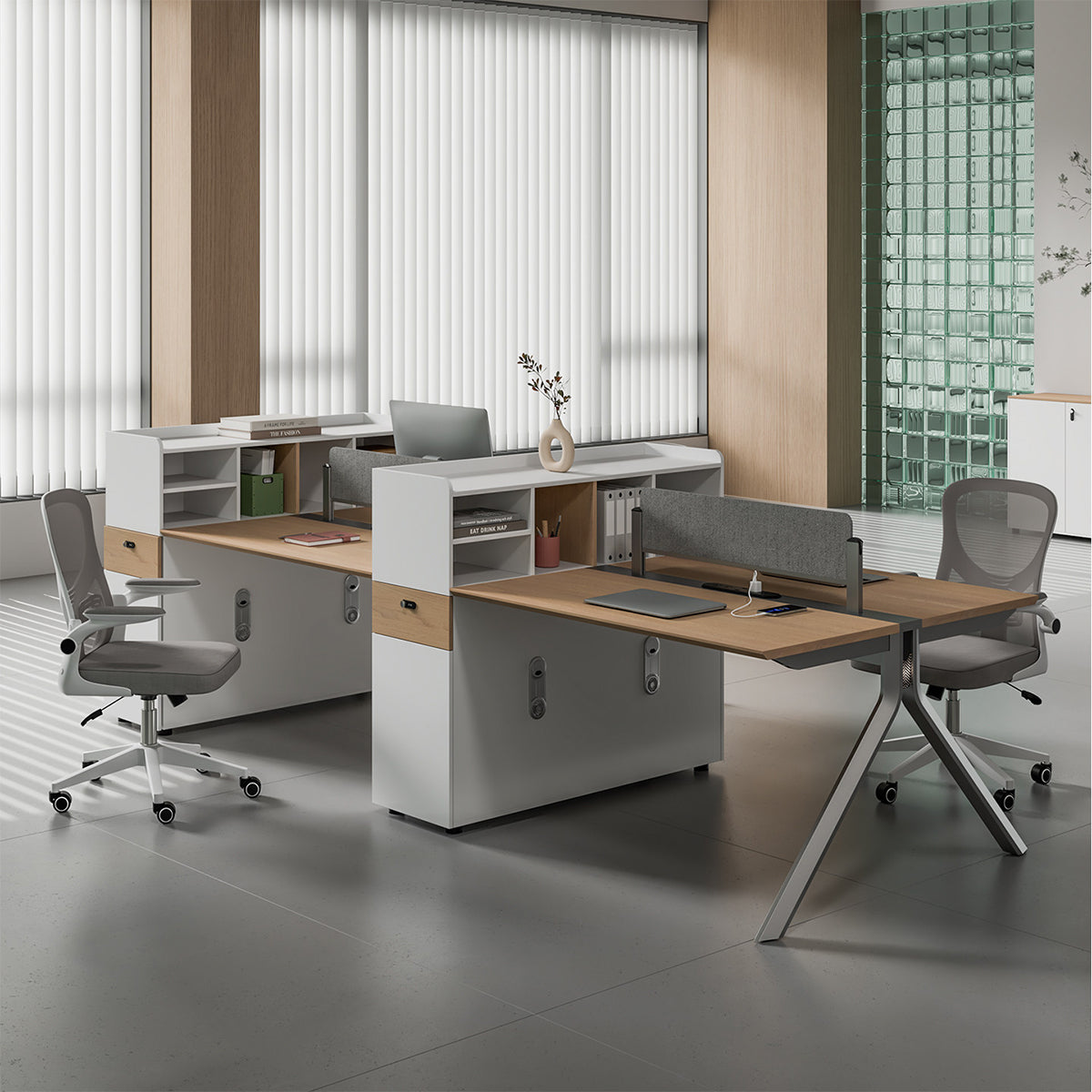 Multi-User Office Desk with Built-In Outlets for Employee Workspace