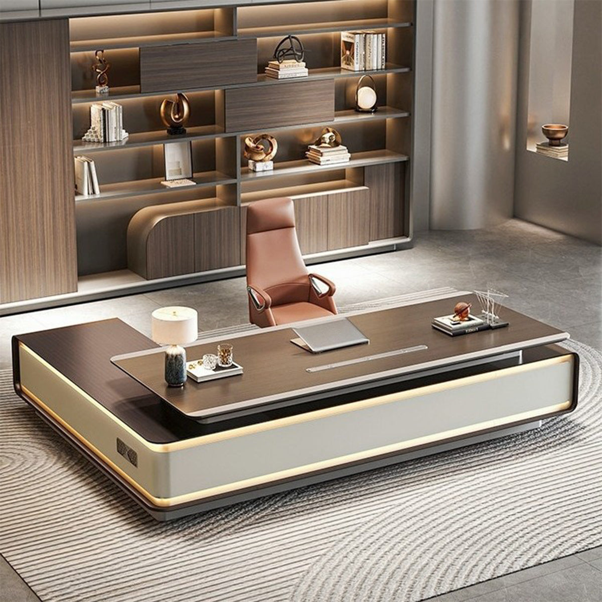 Contemporary Executive Desk with LED Light & Built-In Power Rail