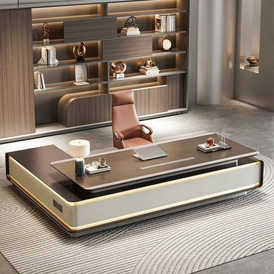 Contemporary Executive Desk with LED Light & Built-In Power Rail