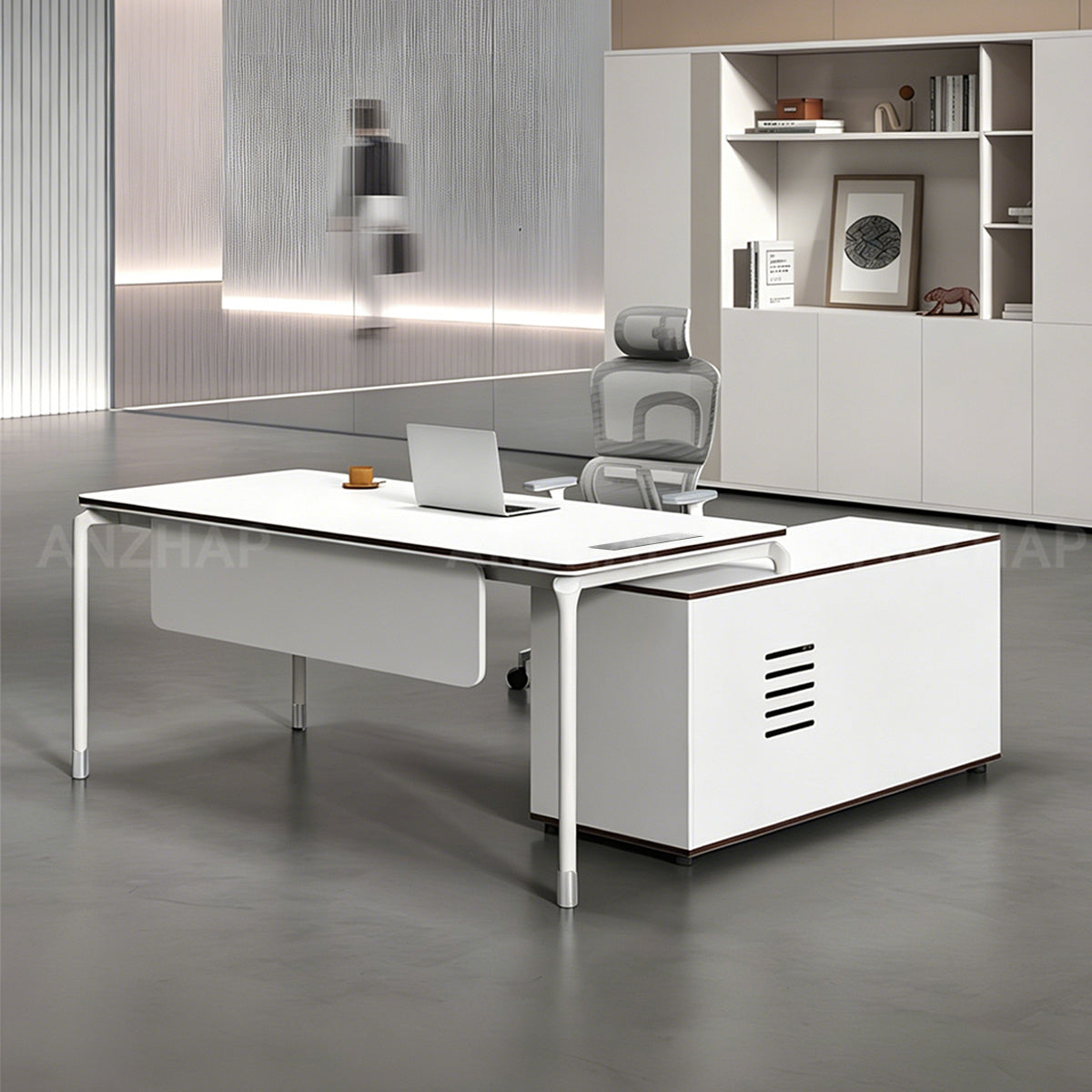 Modern Executive Desk with Built-In Power, Storage Cabinet, and Modesty Panel