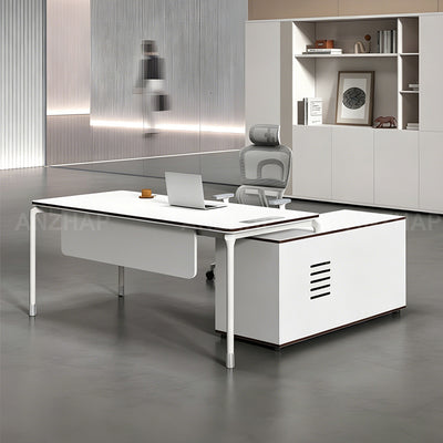 Modern Executive Desk with Built-In Power, Storage Cabinet, and Modesty Panel