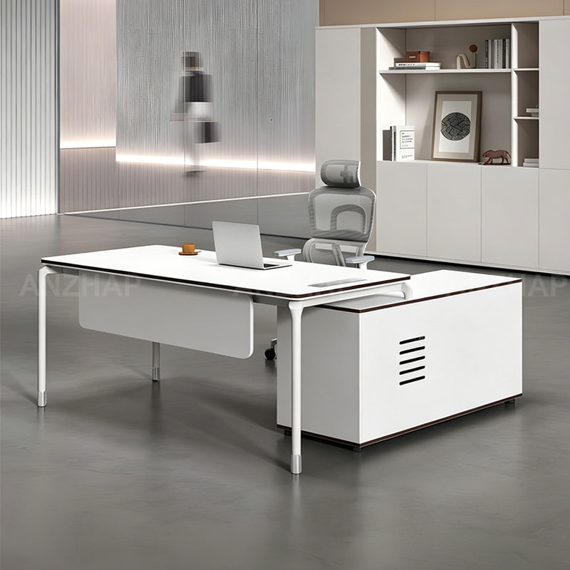 Modern Executive Desk with Built-In Power, Storage Cabinet, and Modesty Panel