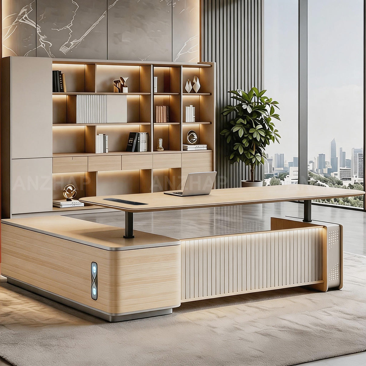 Electric Sit-Stand Executive Desk with Power, Storage & CPU Compartment