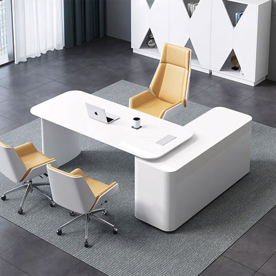 Stylish and Minimalist Space-Saving White L-Shaped Executive Desk with Unique Leg