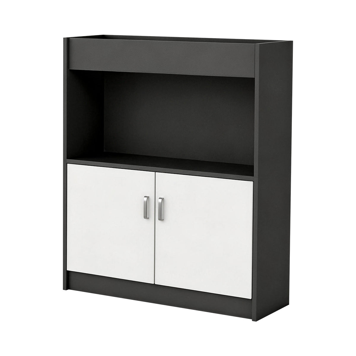 Scandinavian-Style Office Storage Cabinet with Open Cubbies and Wood-Tone Doors