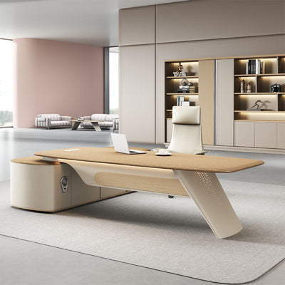 Modern Luxury Executive Desk with Integrated Power Hub, LED Ambient Lights, and Ample Storage