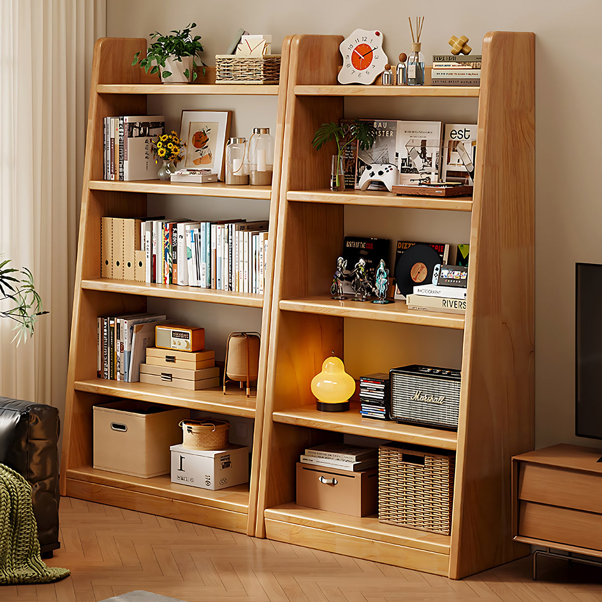 Minimalist Pine Wood Bookshelf Modern Storage Stable Design Trapezoidal