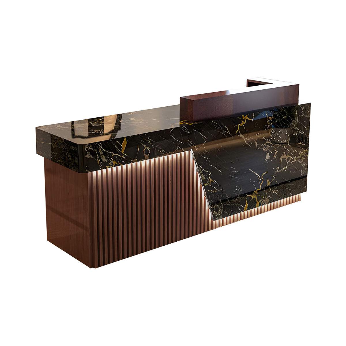 Reception Desk 39–118 in Wide with LED Accent Lighting, File Drawers, Transaction Counter & Marble Top