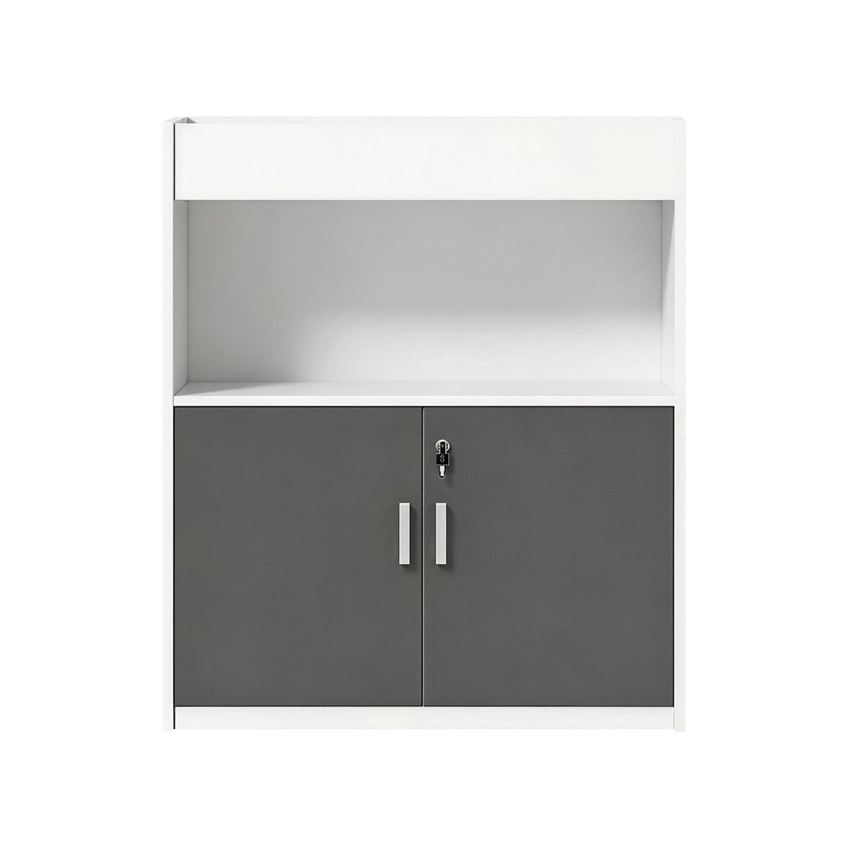 Scandinavian-Style Office Storage Cabinet with Open Cubbies and Wood-Tone Doors