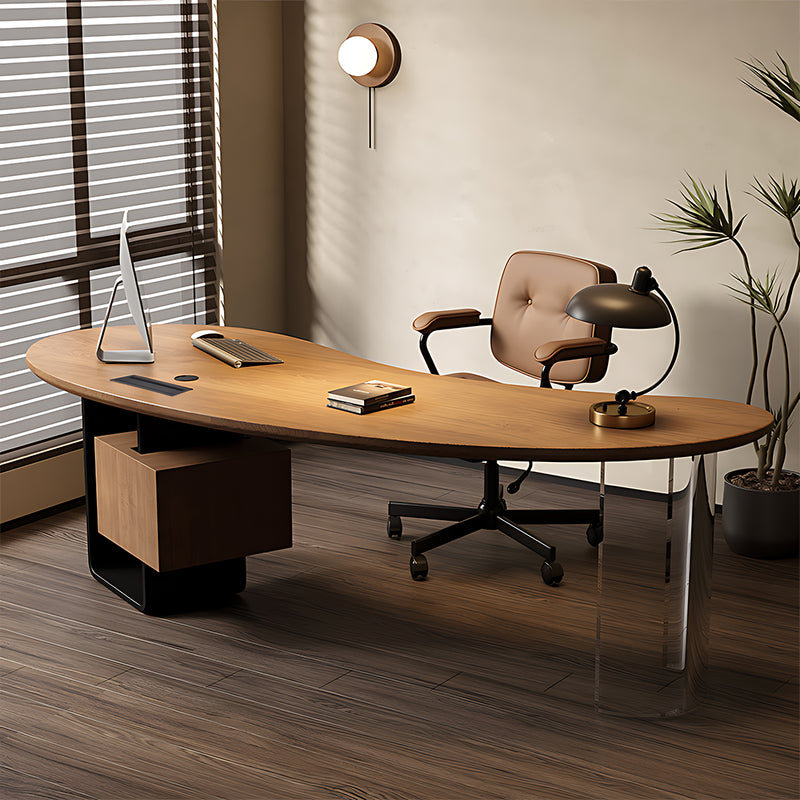 High-end Solid Wood Executive Desk Curved Cashew Floating Storage