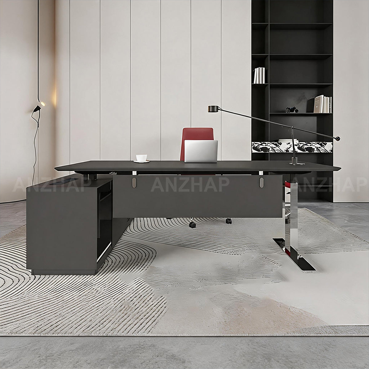 Electric Height-Adjustable Executive Desk with Power Hub and Storage Cabinet
