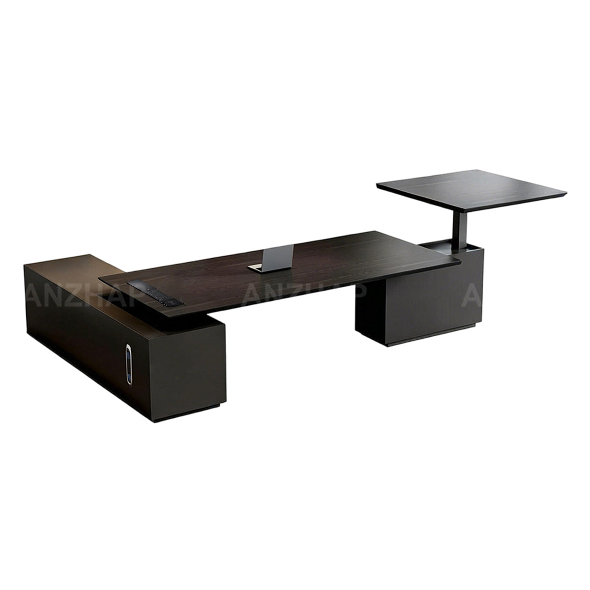 Anzhap height-adjustable executive desk with power hub, side view