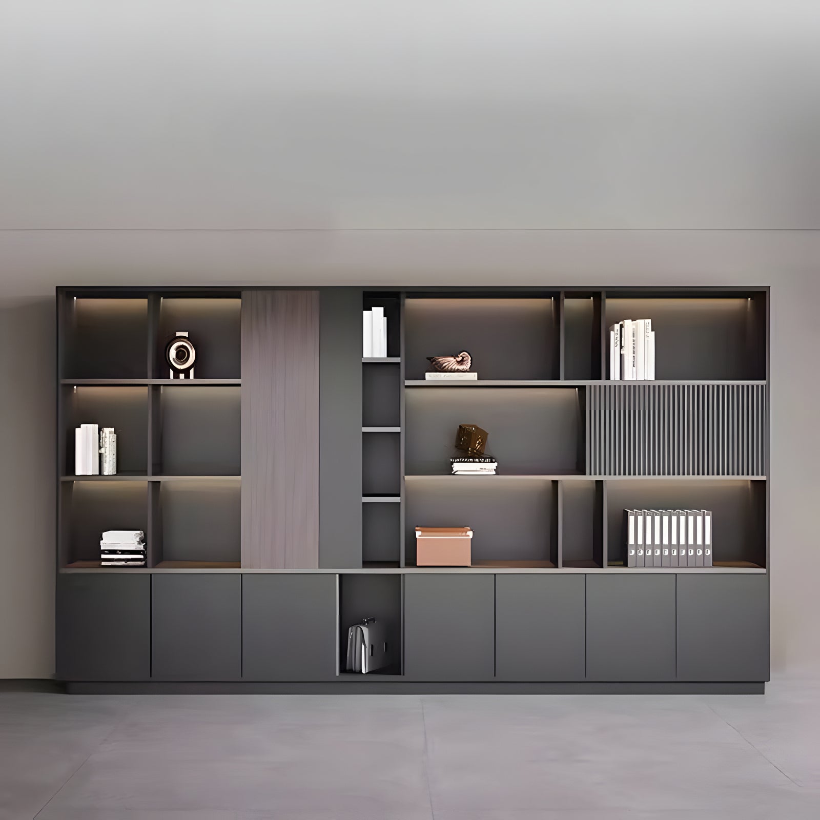 Elegant Storage Cabinet with Soft Lighting Strip and Open Storage