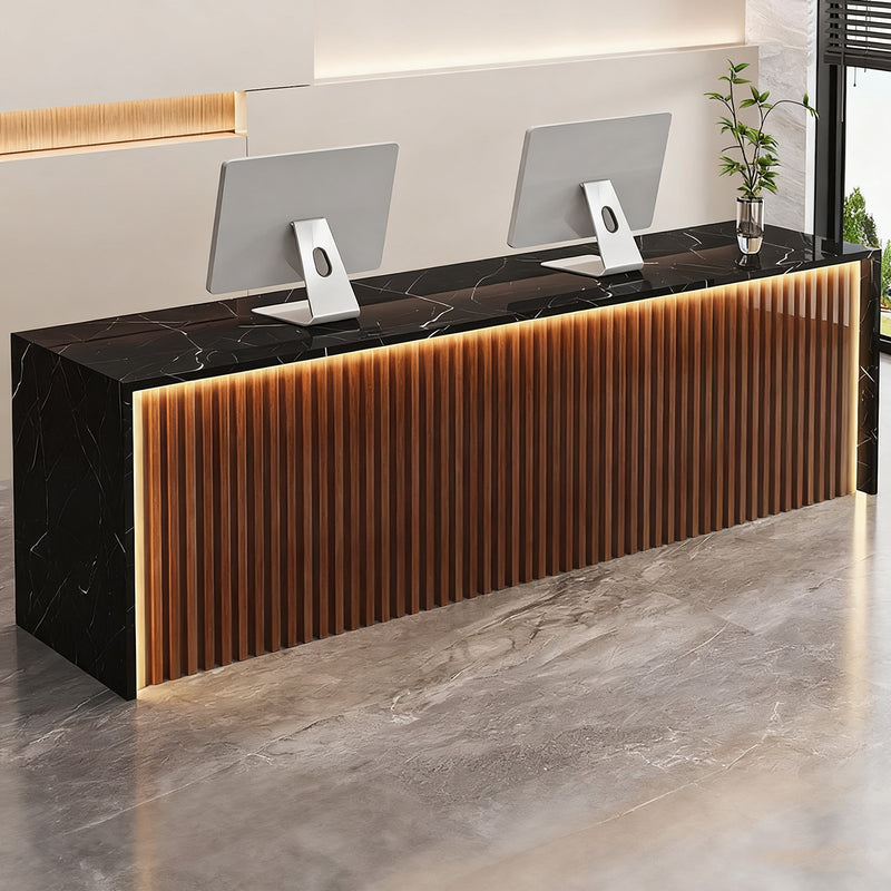 Modern Wood Slat Reception Desk with Lockable Storage and Keyboard Tray