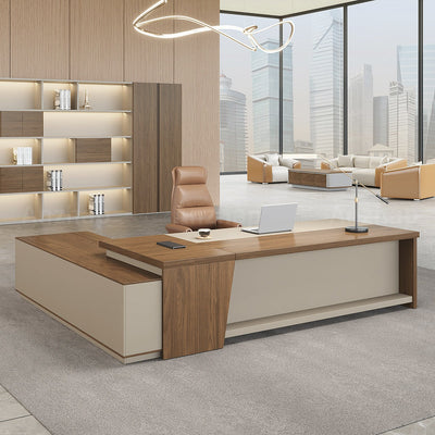 Elegant and Minimalist L-Shaped Executive Desk with Thick Desktop and Spacious Side Cabinet（Stock Items）