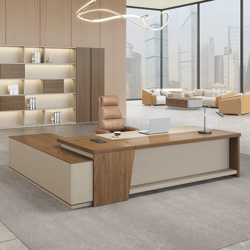 Elegant and Minimalist L-Shaped Executive Desk with Thick Desktop and Spacious Side Cabinet