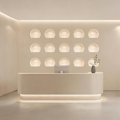 Modern Curved Reception Desk with LED Lighting, Locking Drawers, and Privacy Panel