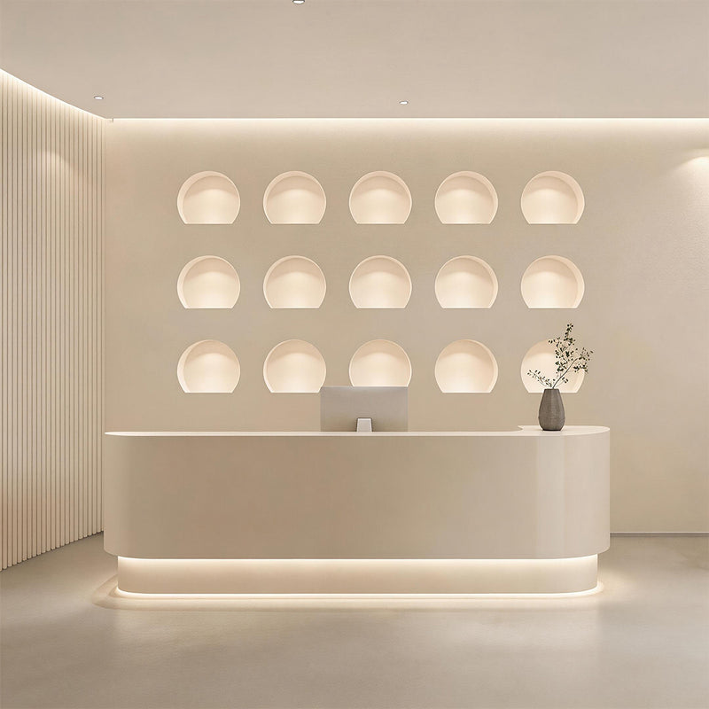 Modern Curved Reception Desk with LED Lighting, Locking Drawers, and Privacy Panel