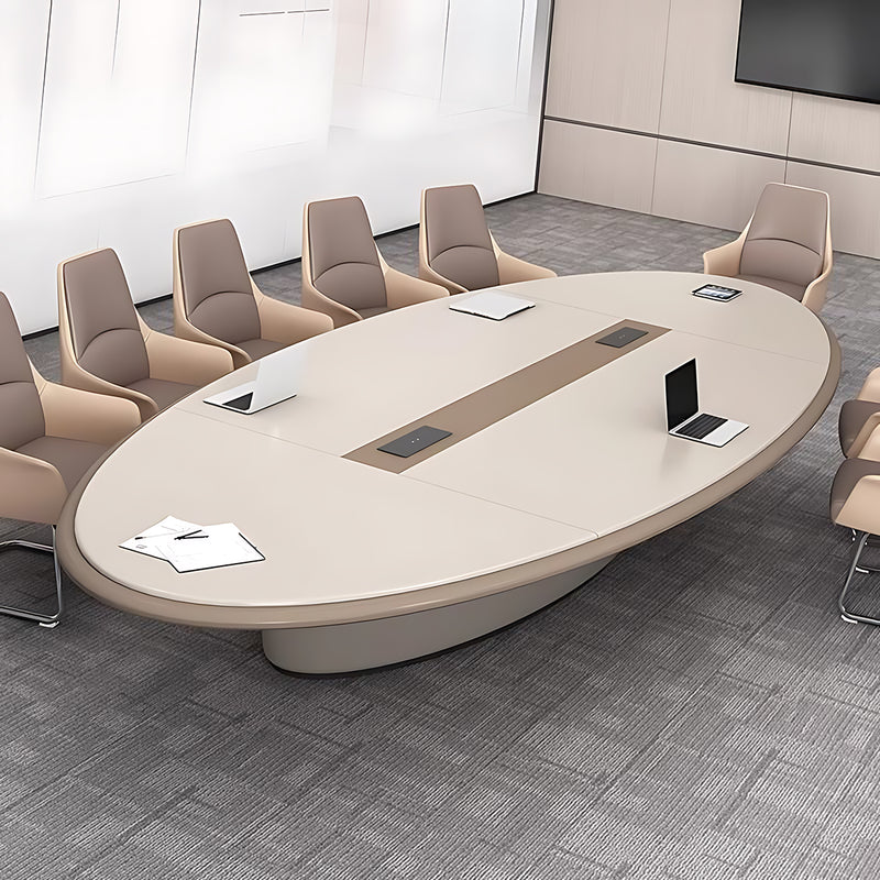 Modern Beige Oval Conference Table with a Solid Base