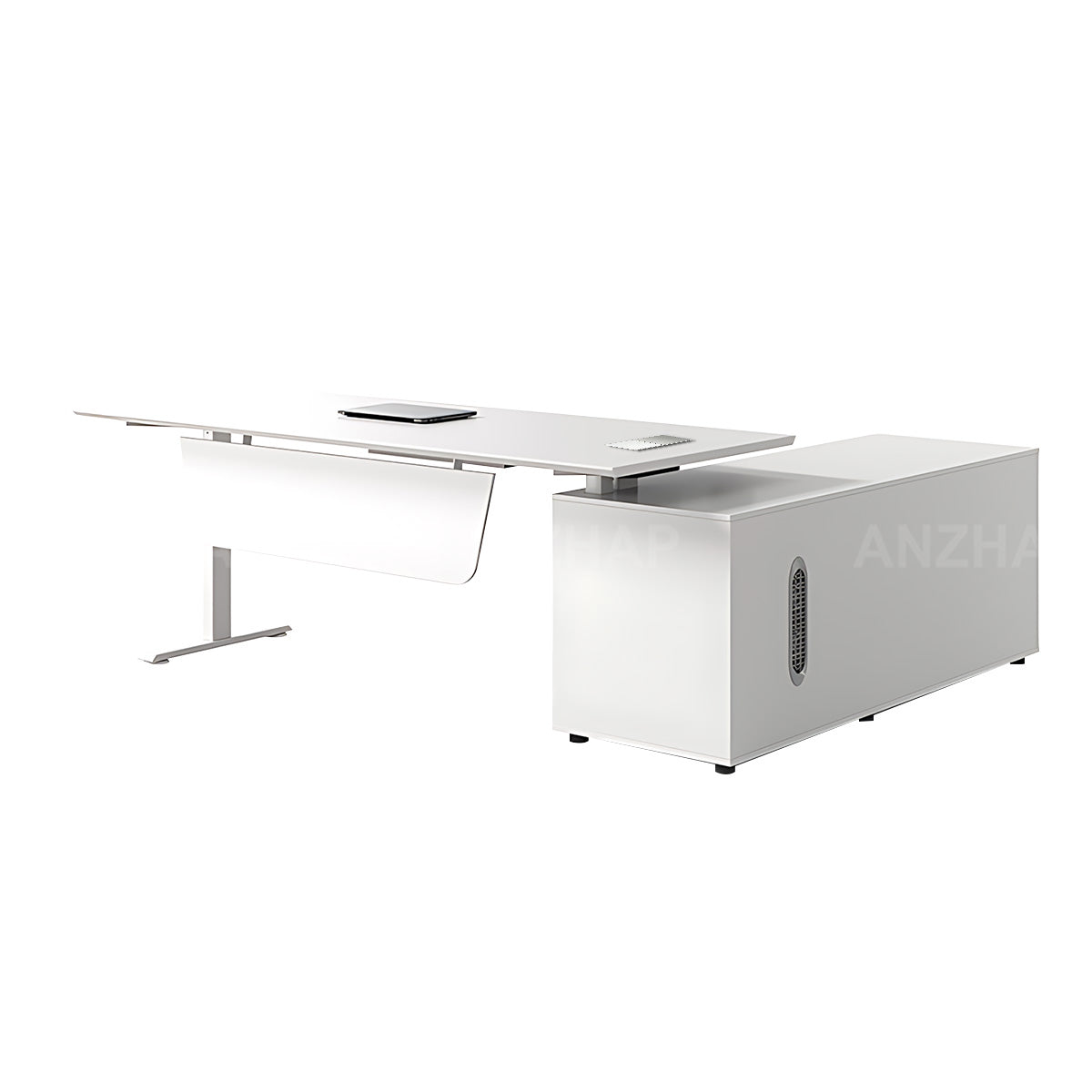 Contemporary Executive Sit-stand Desk for Office & Corporate Workspace with Wired Charging & Side Storage Cabinet (71–87")