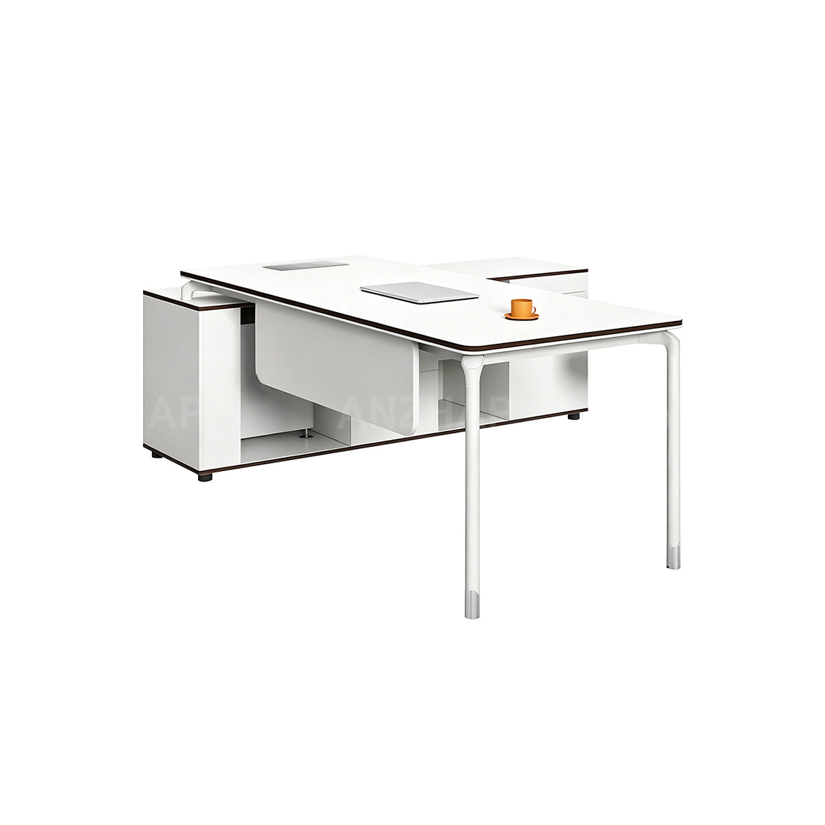 Modern Executive Desk with Built-In Power, Storage Cabinet, and Modesty Panel
