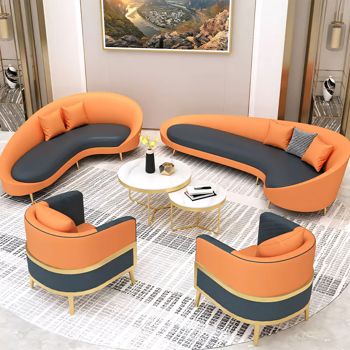 Luxurious Reception Lounge Curved Sofa, Three Seater, Orange