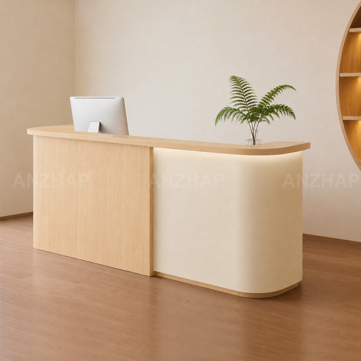 Modern Two-Tone Reception Desk with LED Accent Lighting & Storage for Front Desk Areas