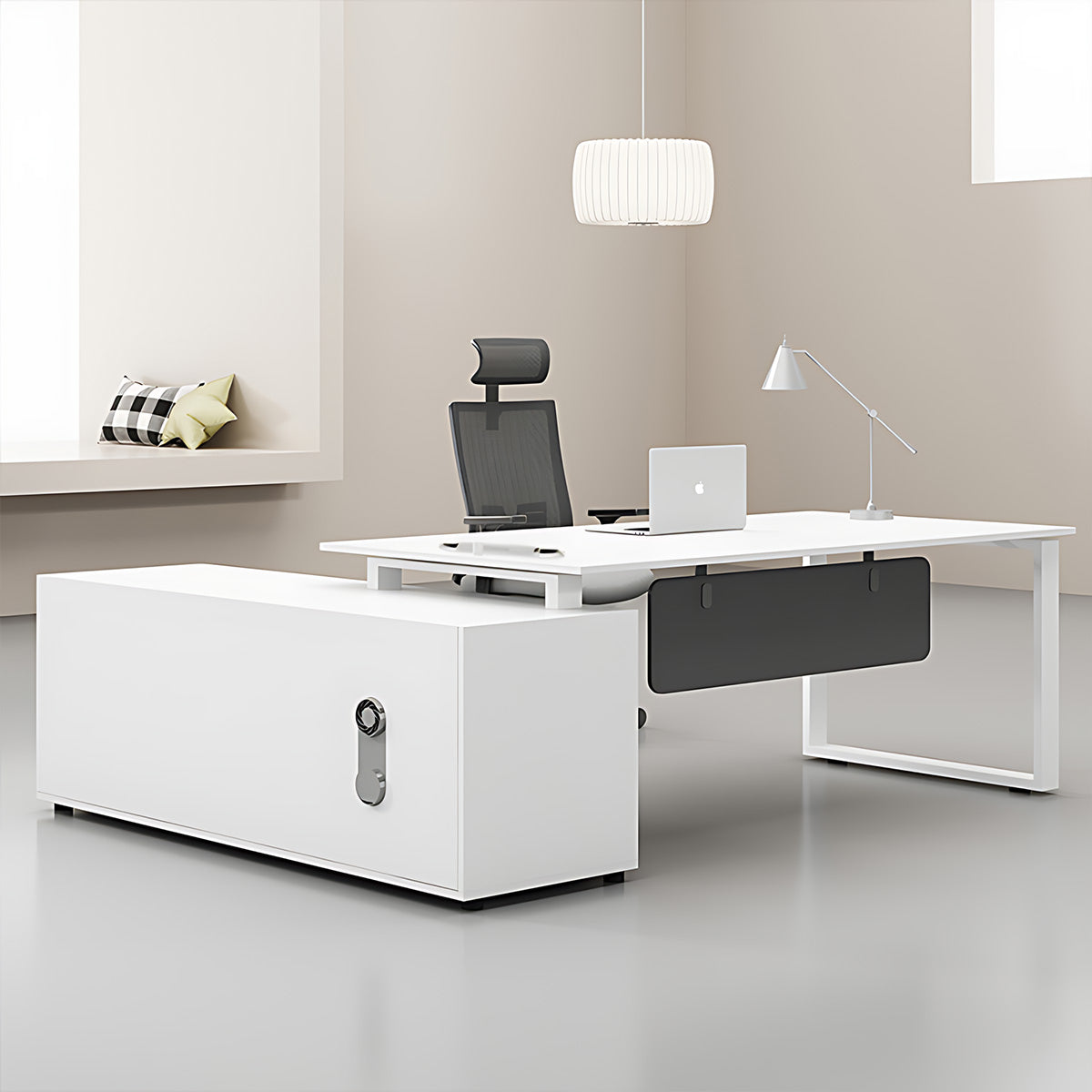 Black and White L-Shape Executive Desk with Chair