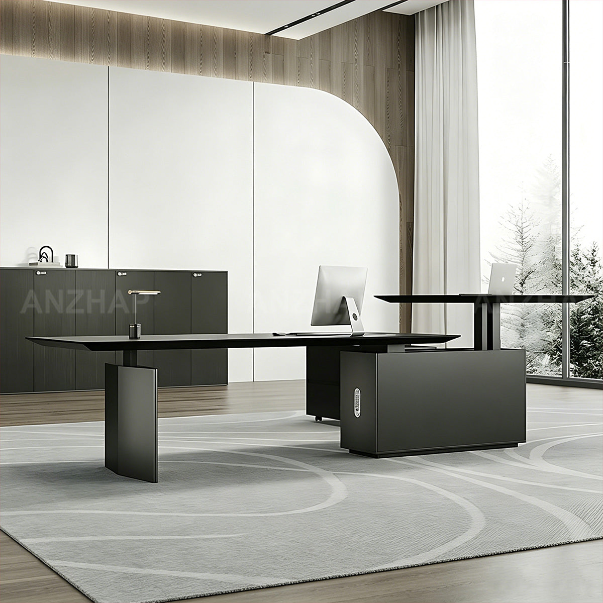 Electric Height-Adjustable Executive Desk with Wireless Charging and Fingerprint Storage