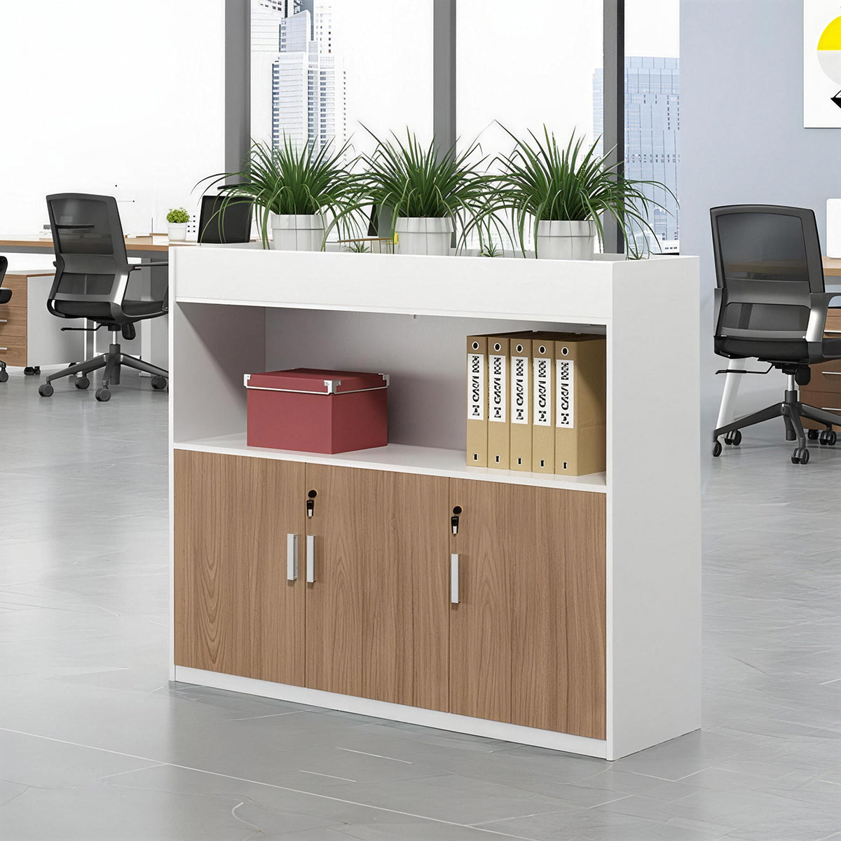 Scandinavian-Style Office Storage Cabinet with Open Cubbies and Wood-Tone Doors