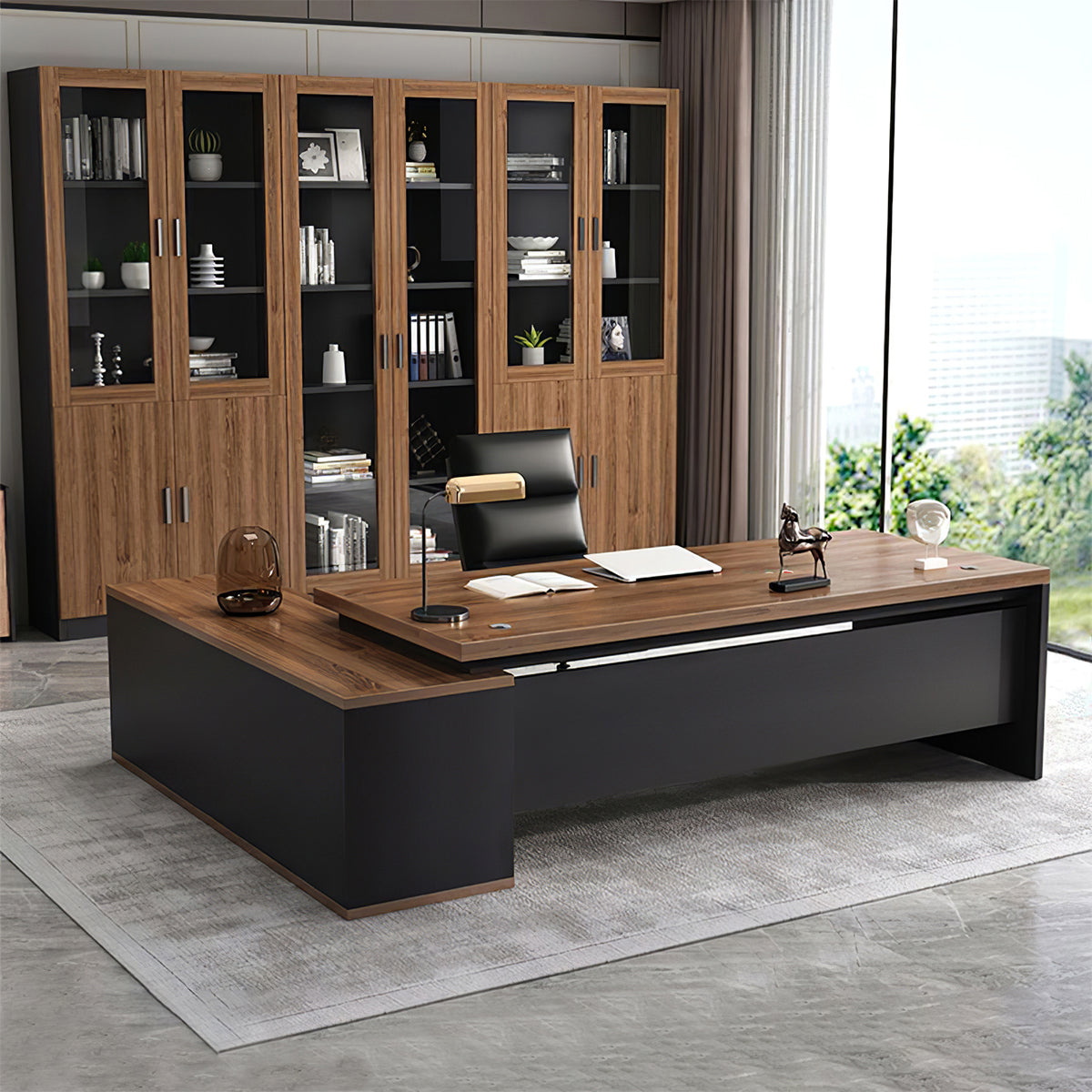 Modern L-Shaped Wood Grain Executive Desk with Storage Side Cabinet