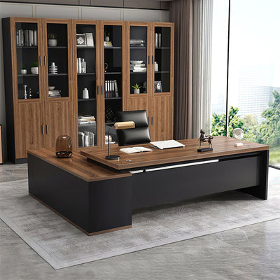 Modern L-Shaped Wood Grain Executive Desk with Storage Side Cabinet