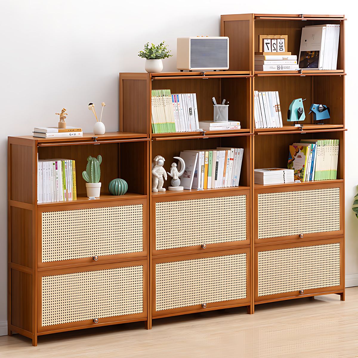 Minimalist Bamboo Flip-Door Bookshelf with Multi-Layer Storage