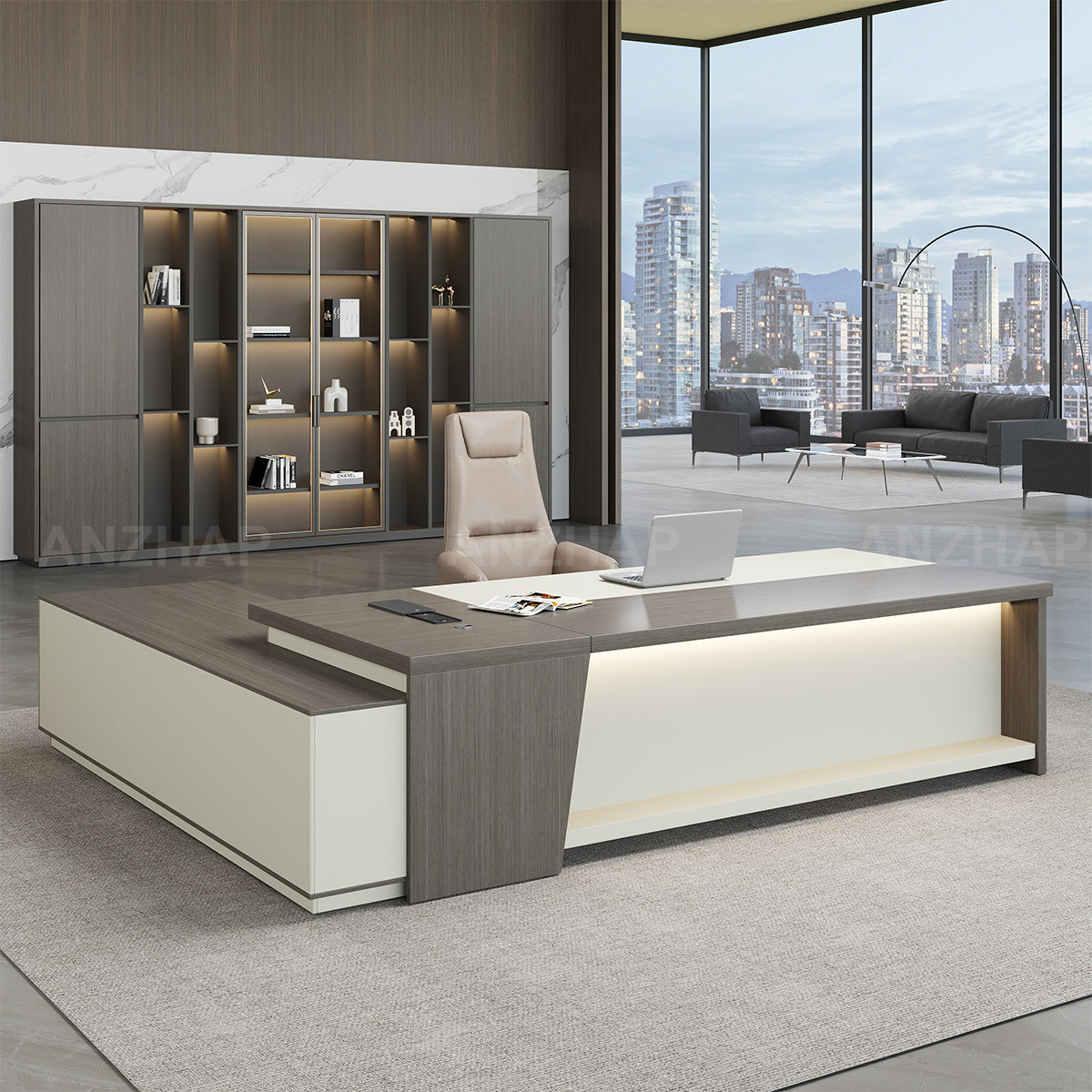 Modern Minimalist L-Shaped Executive Desk 79–94 in Wide with Cable Management, Built-In Power Outlets, Lockable Drawers & LED Accent Lighting（Stock Items）