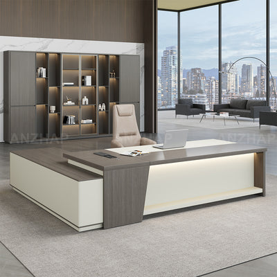 Modern Minimalist L-Shaped Executive Desk 79–94 in Wide with Cable Management, Built-In Power Outlets, Lockable Drawers & LED Accent Lighting（Stock Items）