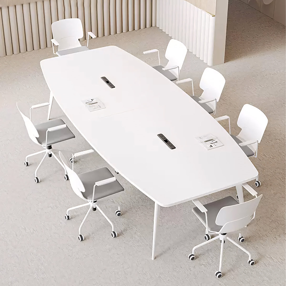 All-White Boat-Shaped Conference Table with Metal Legs