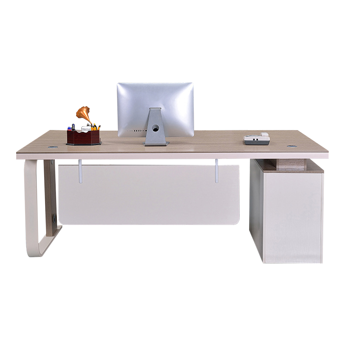 Practical Minimalist Two-Tone Executive Desk with Large Side Cabinet Design