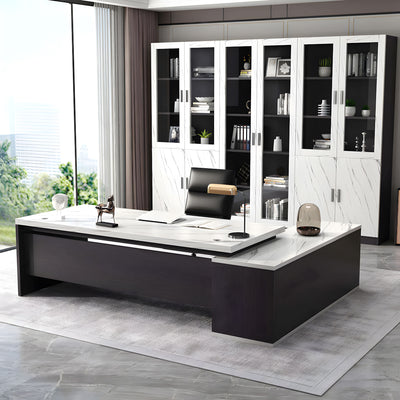 Modern L-Shaped Wood Grain Executive Desk with Storage Side Cabinet（Stock Items）