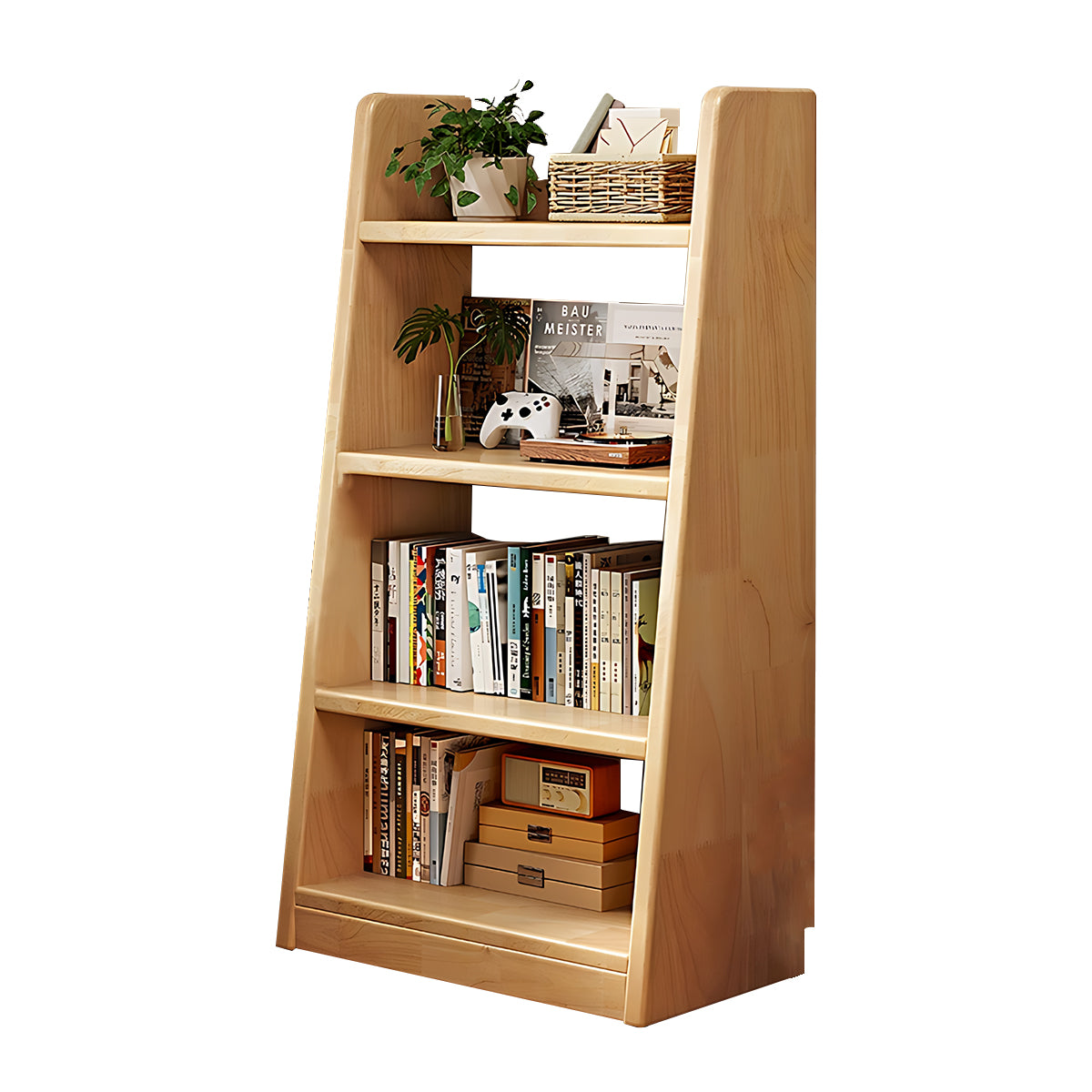 Minimalist Pine Wood Bookshelf Modern Storage Stable Design Trapezoidal